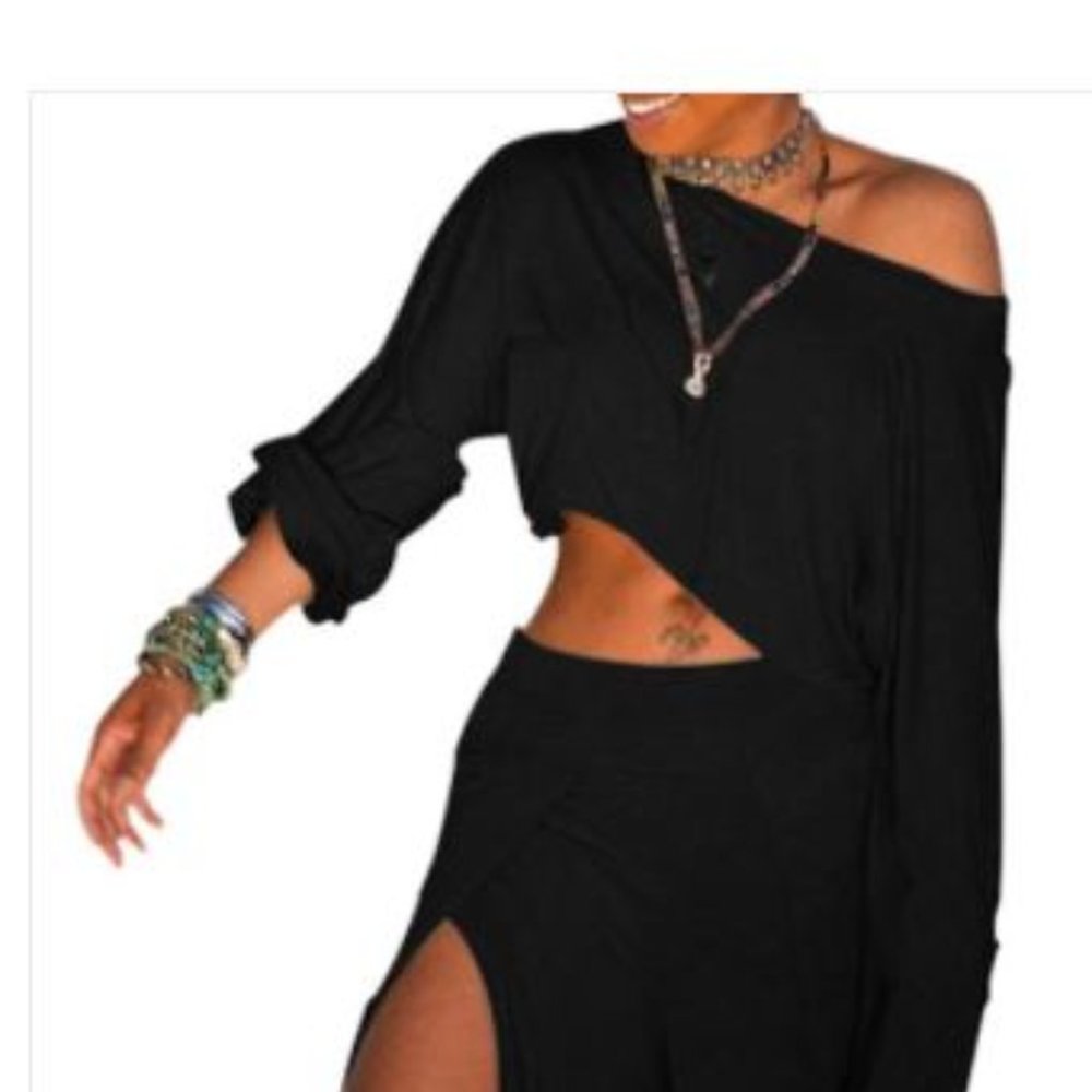 2 Piece Black Asymmetric Top w/Slit Pants